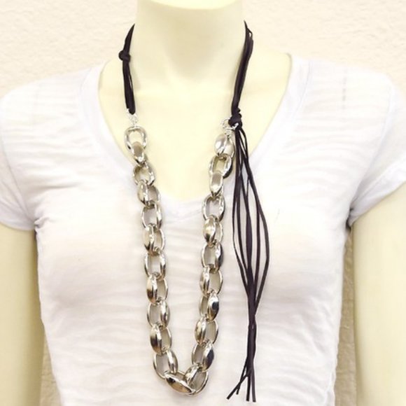 Bold Large Cable Link Chain Leather Necklace - Picture 2 of 4